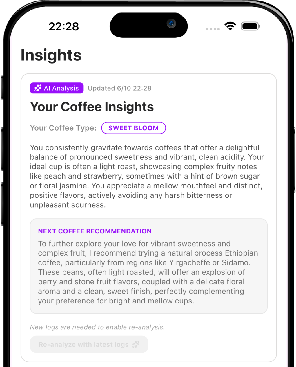 AI分析でコーヒーの好みを表示するInsights画面